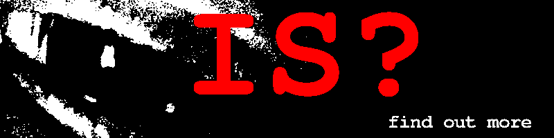 A creepy black-and-white squinting eye, next to a large red word: "IS?". At the bottom-right is white text reading "find out more".