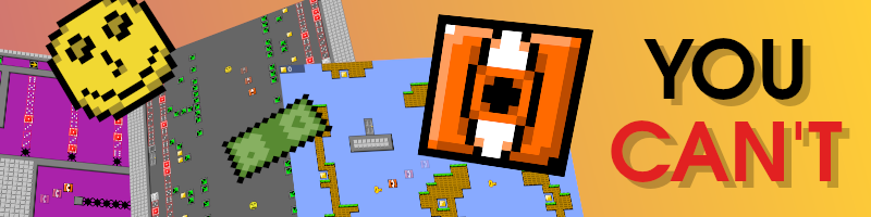 Several screenshots from a 2D platformer on an orange-and-red background, with elements from the game popping out. Next to them is angular text that reads "YOU CAN'T".