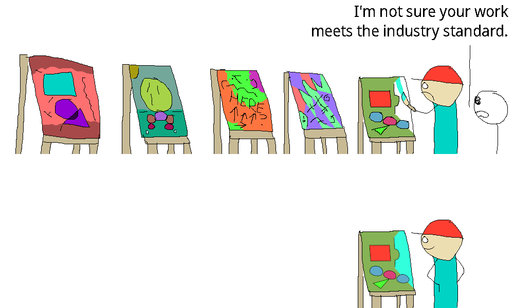 we see five easels with abstract art on them. Rock Bottom is in the middle of painting one. on it, there is a red square next to a teal halfpipe, a diagonal line of ovals going blue-pink-blue, and a green triangle pointing to the pink oval. The Selector is watching, and she remarks: "I'm not sure your work meets the industry standard." Rock Bottom is unhappy.
soon, the other four easels are gone, and the painting Rock Bottom was working on has all its outlines rendered with smooth anti-aliasing (rather than this comic's usual aliased "pencil tool" look) but is otherwise mostly the same. Rock Bottom is happy.