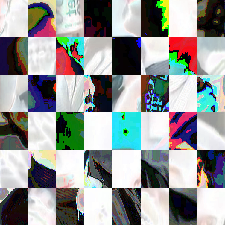 Roomtemp Softdrinq A Black man in a business suit holding up a can of soda; the image has been cut up in a checkerboard pattern, with odd cells being desaturated and even cells being extra-saturated.