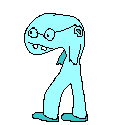 A nerdy cyan fish standing on two legs, wearing shoes and glasses.