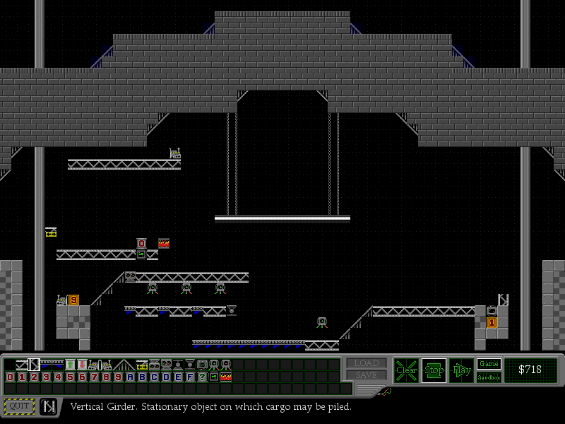 A Rubicon level (level code: zefecod). A 9 crate at the left side of the level must be matched to a 1 crate at the right side of the level. A solution has been built involving adding copies of the 9 crate until an 8 crate emerges, then adding that crate to the 9 crate.